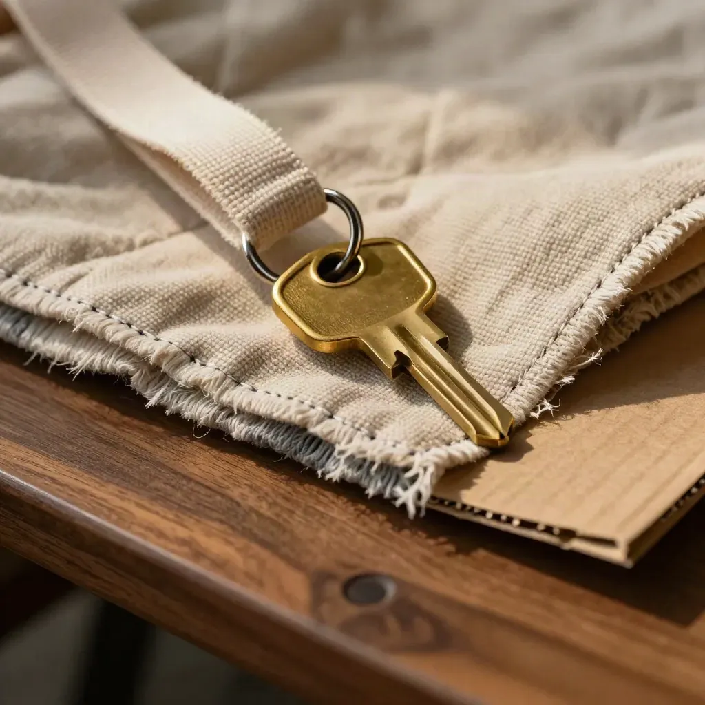 Brass key ring, canvas tote strap and moving blanket edge in a warm macro still life.