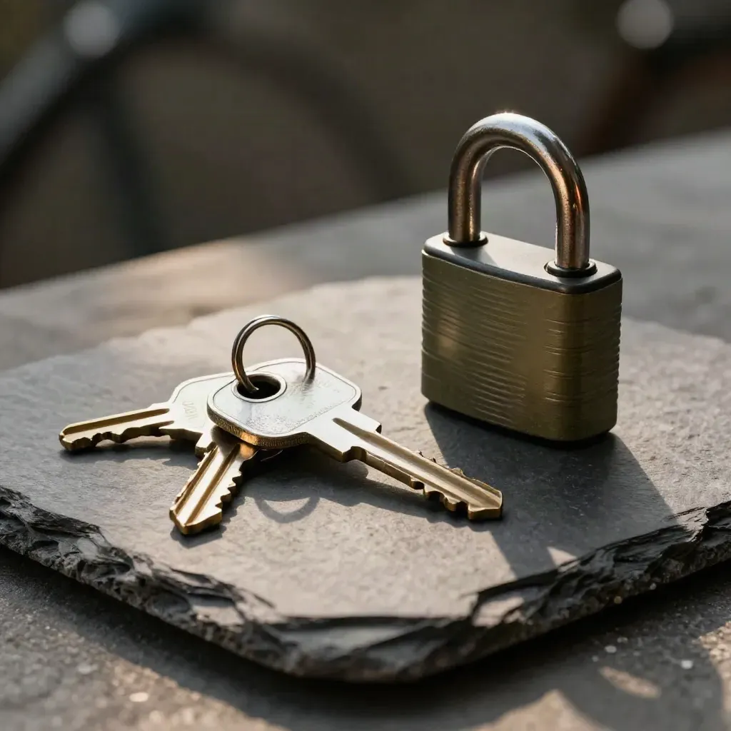 House keys, bike lock and umbrella clasp on slate stone in dramatic side light.