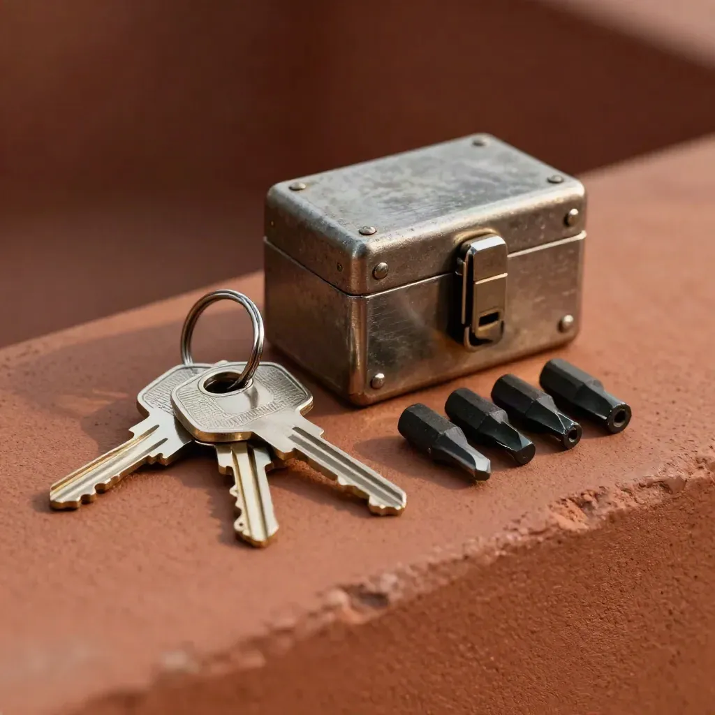 Spare keys, a metal lockbox and screwdriver bits on a terracotta ledge in dramatic side light.