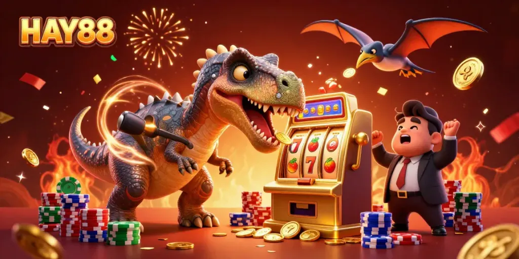 HAY88 casino scene depicting a pachycephalosaurus hitting a slot machine for jackpot coins.