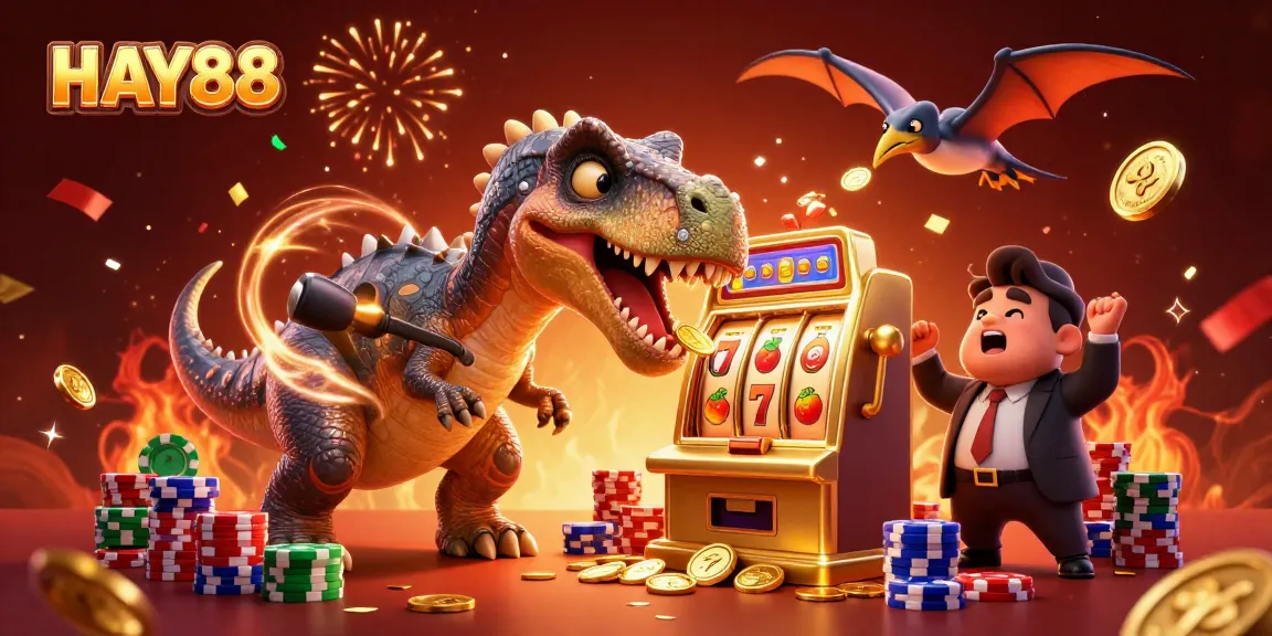 HAY88 casino scene depicting a pachycephalosaurus hitting a slot machine for jackpot coins.