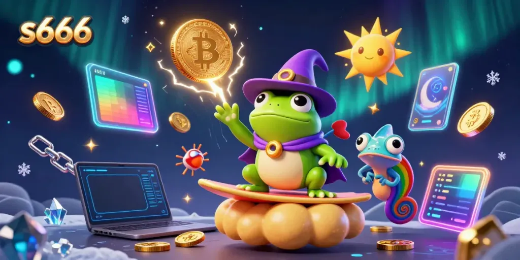 S666 players enjoy winning with a dynamic display of golden coins and lucky characters in a vibrant casino setting.