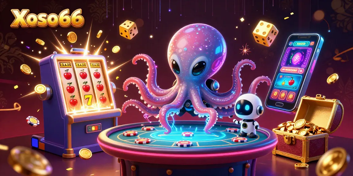 Xoso66 features an alien octopus at a poker table with asteroids and vibrant casino elements, showcasing dynamic gameplay.