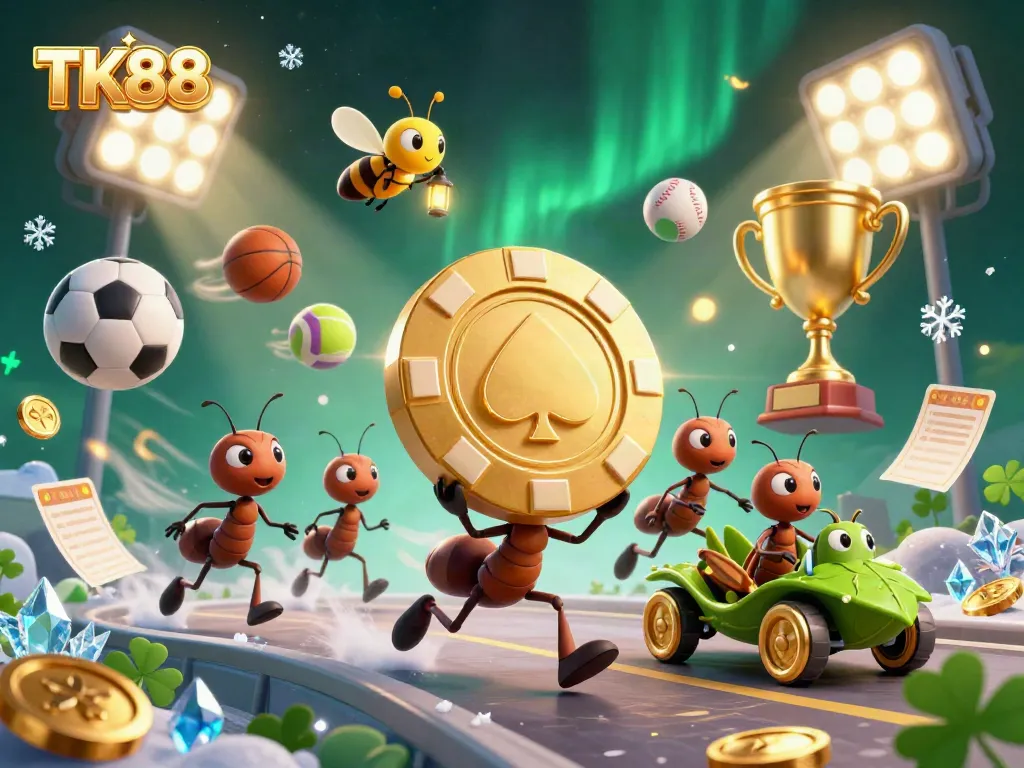 Exciting scene of TK88 with ants heisting a giant poker chip, vibrant sports balls flying around.
