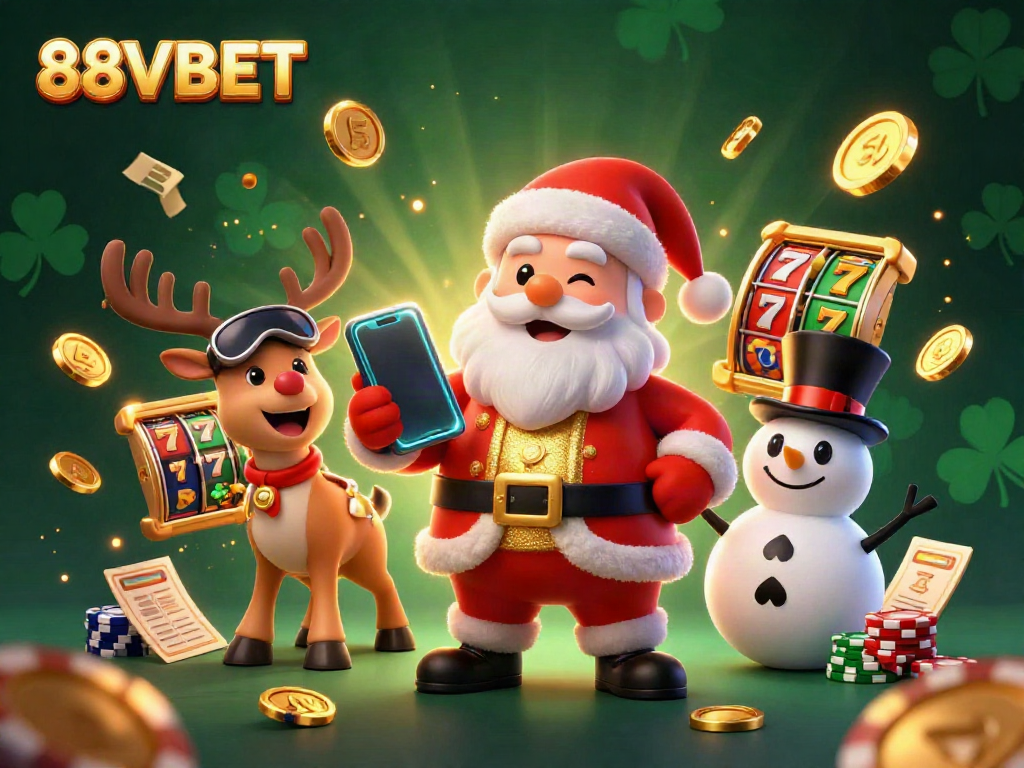 Win big with 88VBET in a festive casino scene featuring Santa and friends.