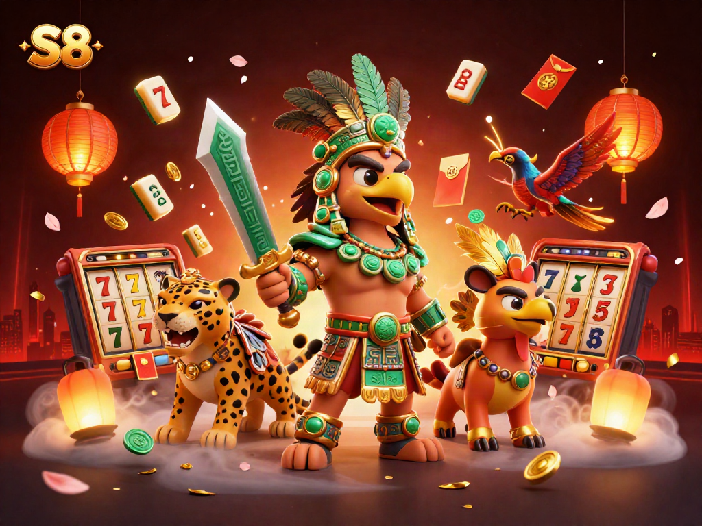 S8 animated scene depicting a vibrant casino atmosphere with slot reels, jackpot symbols, and dynamic casino elements