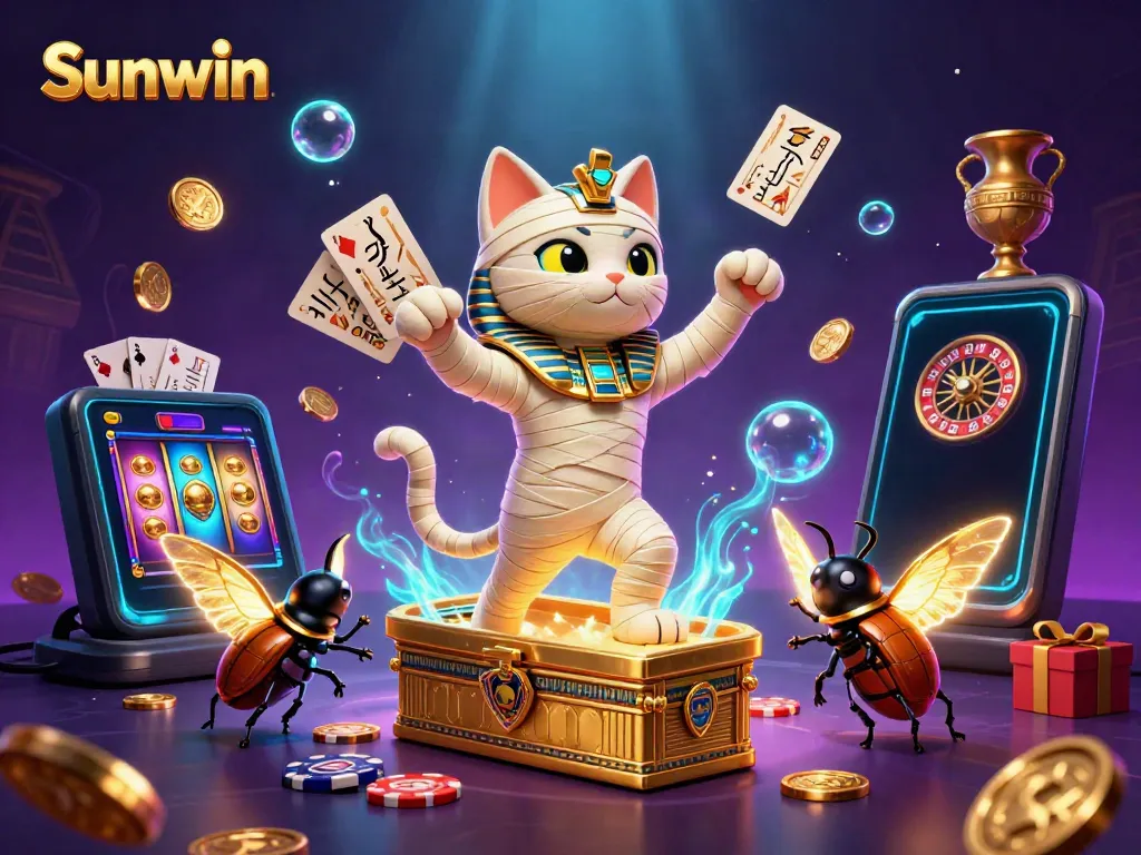 Experience thrilling gameplay at Sunwin with a mummy cat bursting from a golden sarcophagus in a vibrant casino.