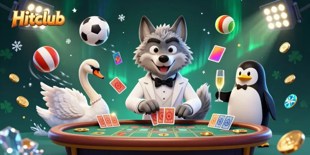 Experience Hitclub with a debonair wolf, elegant swan, and sophisticated penguin in a bustling baccarat scene.