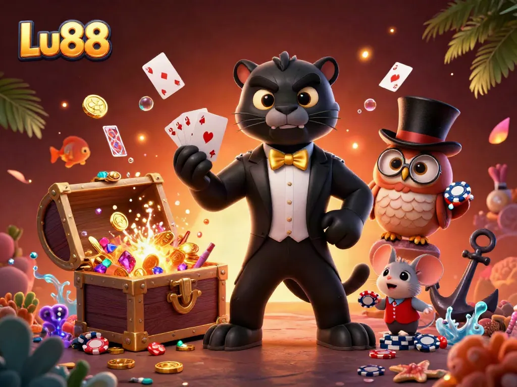 Lu88 showcases an elegant black panther dealer with cards, an owl, and a mouse amidst a treasure-filled scene.