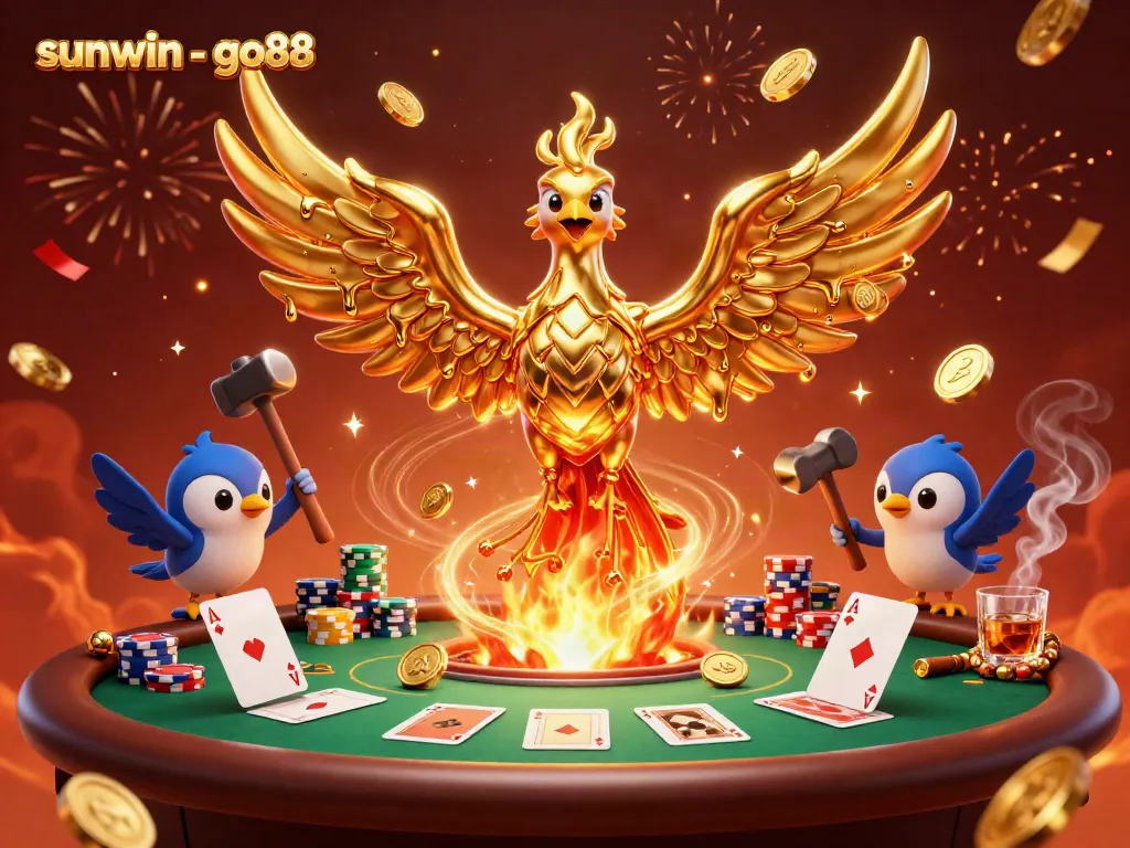 Engage with sunwin - go88 as molten gold coins rain around a phoenix at a dynamic casino scene.