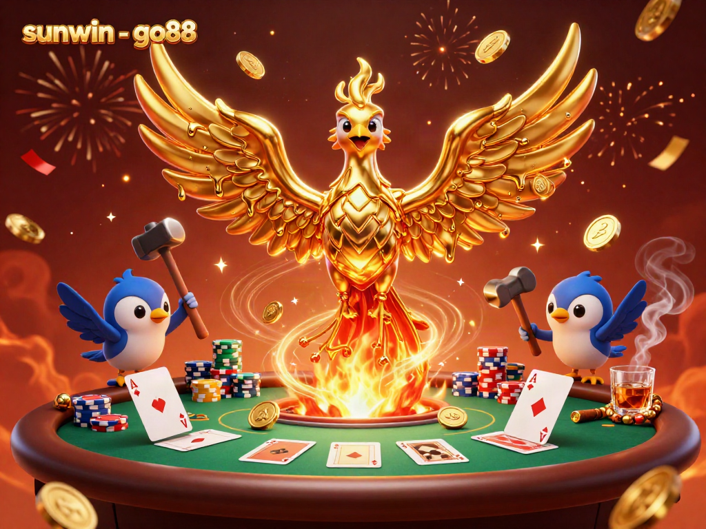 Engage with sunwin - go88 as molten gold coins rain around a phoenix at a dynamic casino scene.