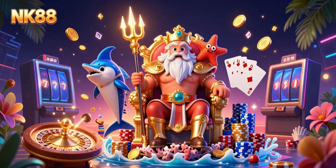 Engage with the NK88 casino adventure featuring Neptune and vibrant gaming elements.