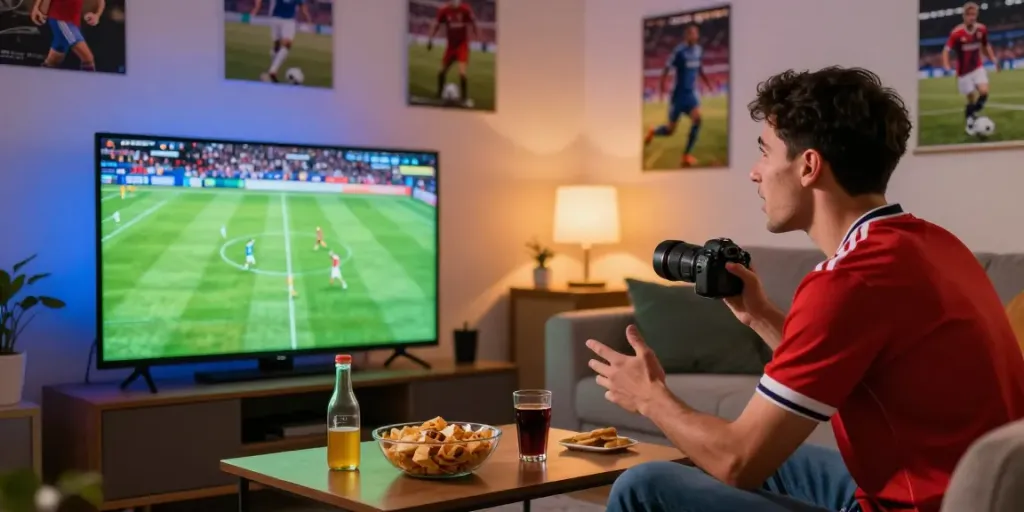 Socolive soccer fan enjoying a live match in a cozy living room.