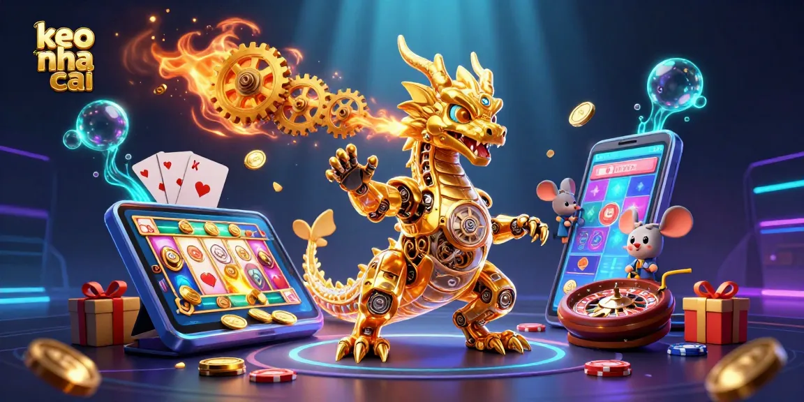Keo nha cai showcases a dynamic 3D scene with a golden dragon and casino elements.