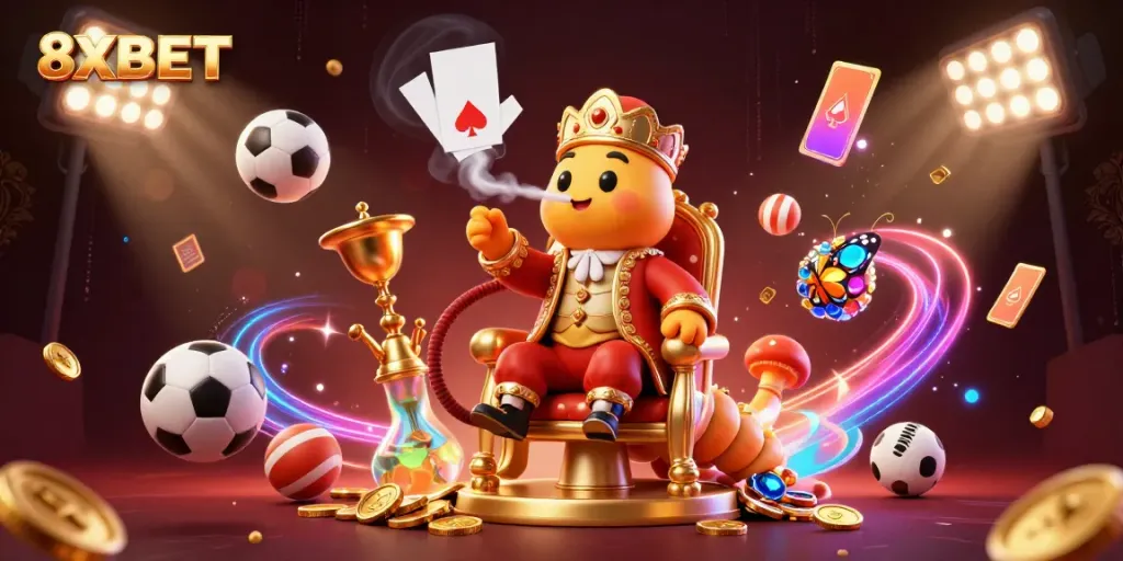 Experience thrilling gameplay with 8XBET showcasing an elaborate 3D casino scene filled with vibrant elements.