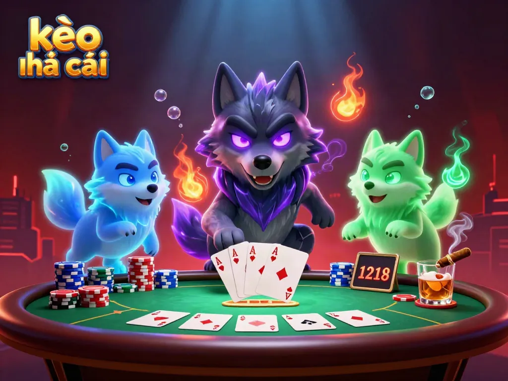Bettors strategize using kèo nhà cái at a vibrant poker table surrounded by glowing wolf characters.