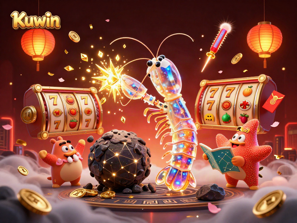 Kuwin's exciting online slots scene featuring a galactic mantis shrimp and vibrant casino elements.