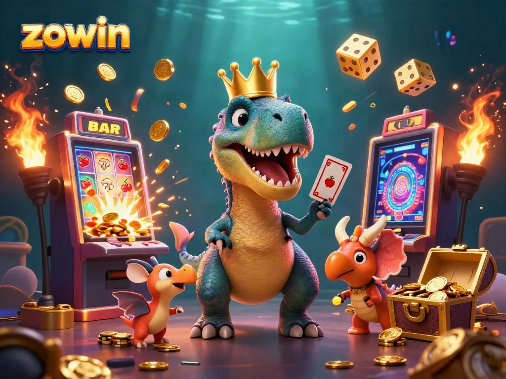 Engaging 3D scene showcasing the lively characters in a casino setting around the "zowin" brand elements.