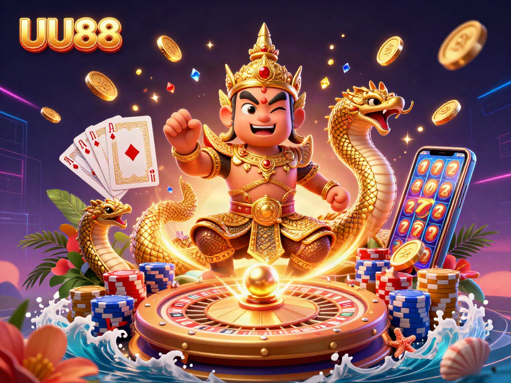 Experience exciting gameplay at UU88 with golden coins, roulette, and vibrant casino elements.