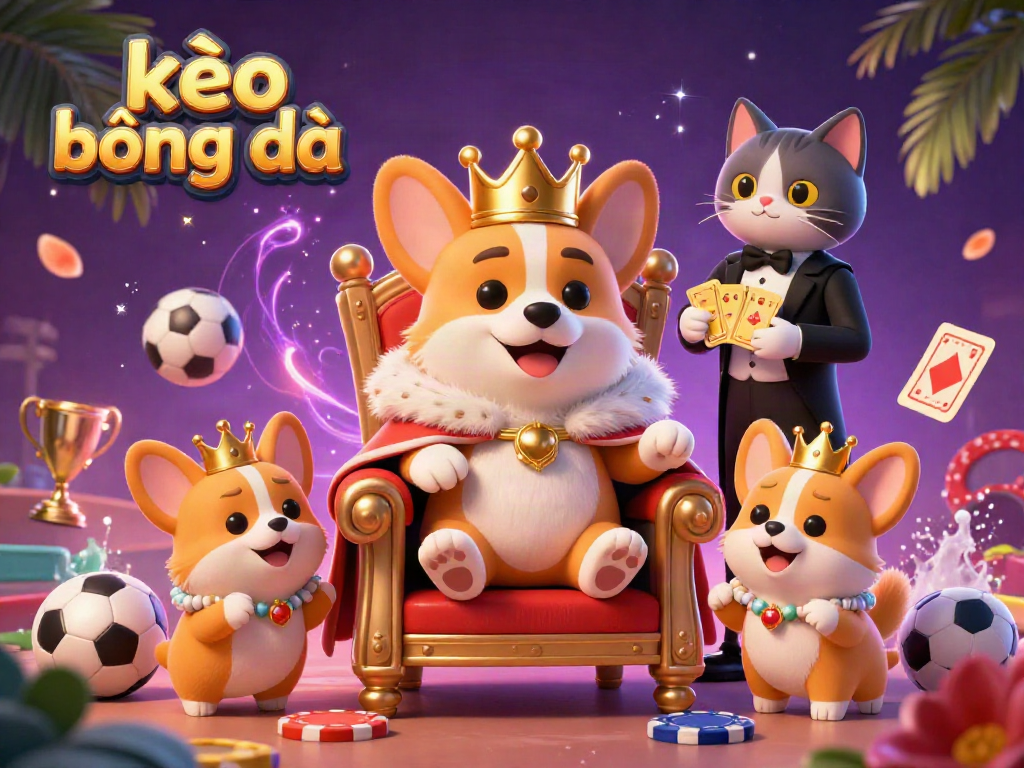 Explore the vibrant world of kèo bóng đá through a dynamic 3D illustration showcasing a royal corgi and sports betting elements.