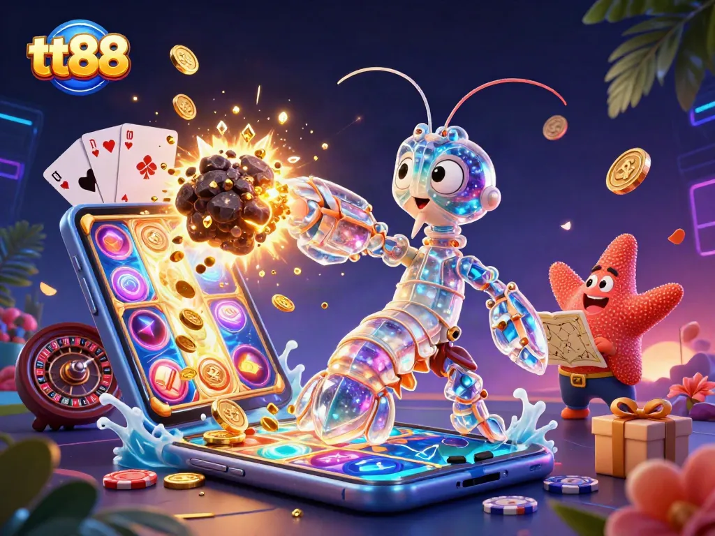 tt88 displays the galactic samurai mantis shrimp immersing in golden gems amid vibrant gaming symbols.