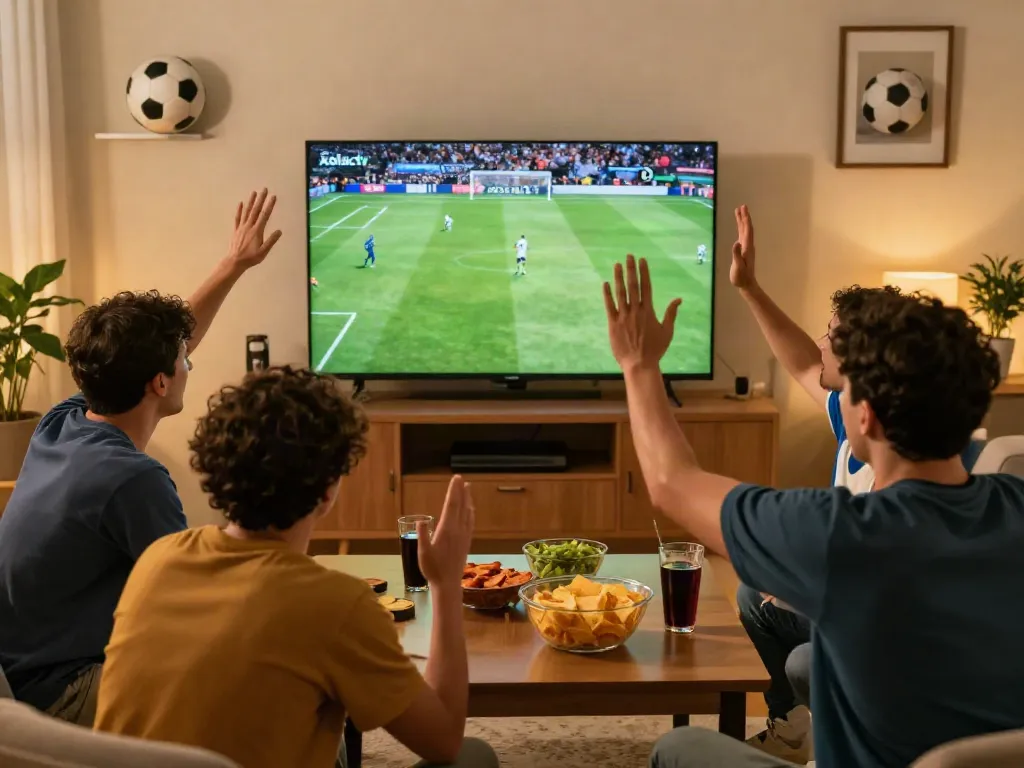 Exciting football match viewing experience on Xoilactv with friends cheering
