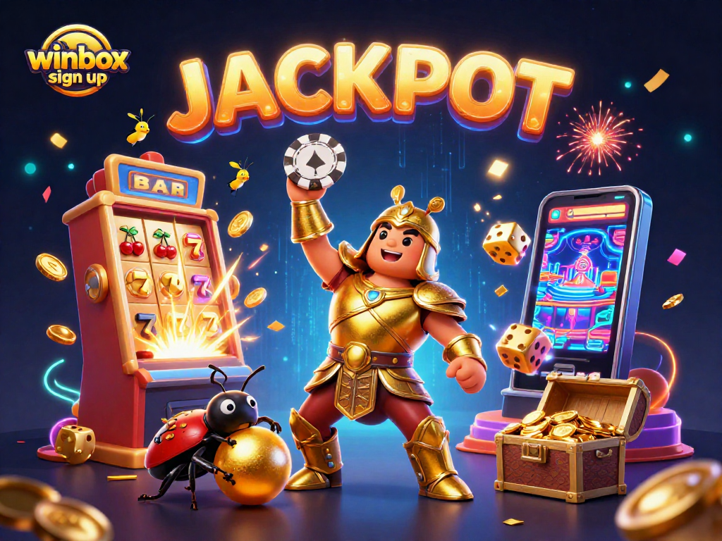 Winbox sign up scene showcasing vibrant characters and casino elements celebrating jackpots.