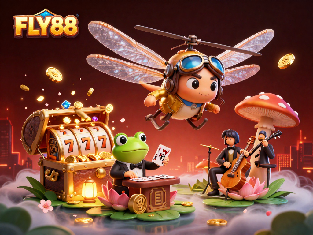 FLY88 offers thrilling gaming adventures with vibrant scenes at a lily pad casino featuring card dealers and musicians.