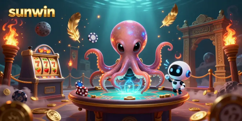 Experience the thrill of sunwin with an alien octopus playing poker in a vibrant casino scene.