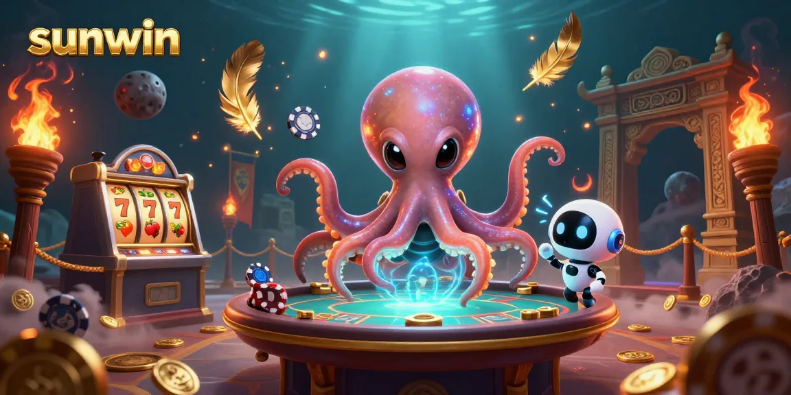 Experience the thrill of sunwin with an alien octopus playing poker in a vibrant casino scene.