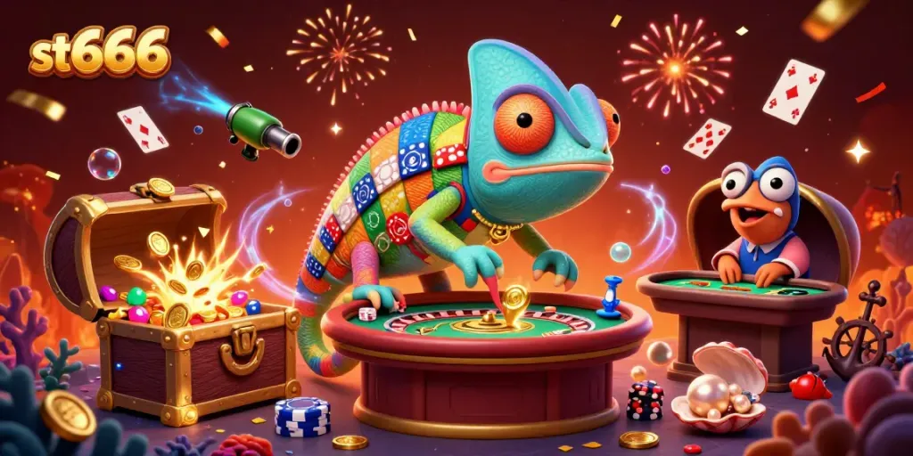 Engage with st666, a vibrant chameleon casino owner amidst a treasure-themed gambling scene, capturing excitement.