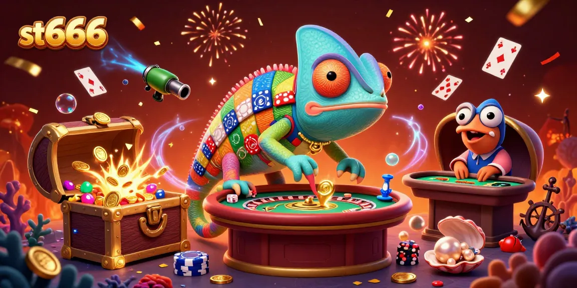 Engage with st666, a vibrant chameleon casino owner amidst a treasure-themed gambling scene, capturing excitement.