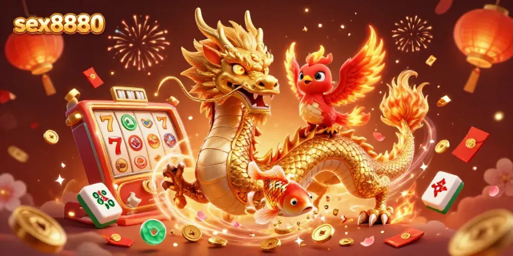 Engage in exciting casino gameplay with sex8880 featuring a golden dragon, phoenix, and koi fish amidst vibrant slot symbols.