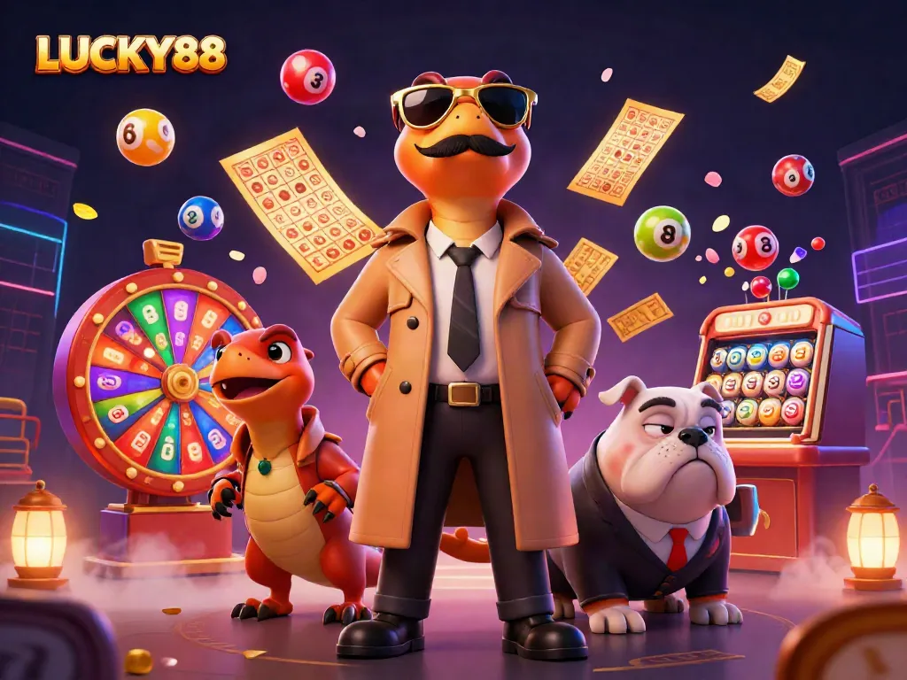 LUCKY88 casino raptors humorously trying to enter VIP lounge in a vibrant gaming scene.