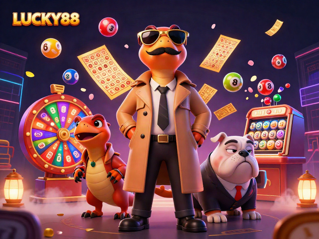 LUCKY88 casino raptors humorously trying to enter VIP lounge in a vibrant gaming scene.
