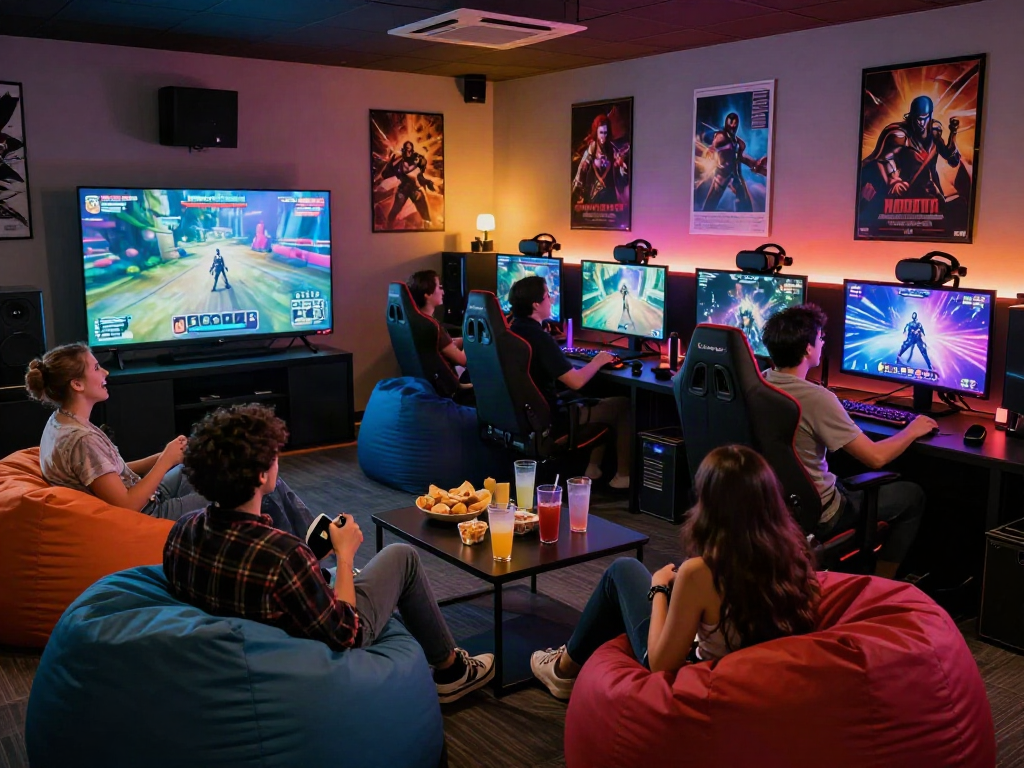 Group enjoying an adult game in a vibrant gaming lounge with snacks and LED lights.