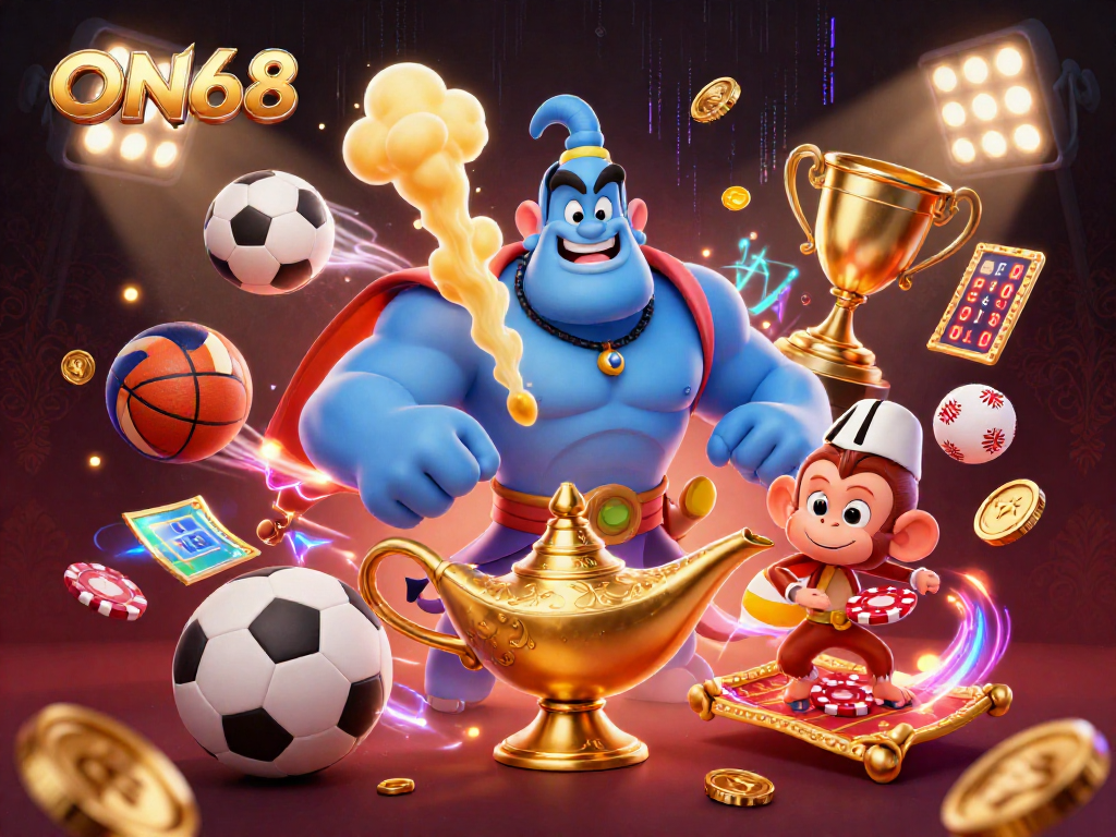 Engage with winning strategies at ON68, featuring a dynamic 3D casino illustration with genie and poker elements.
