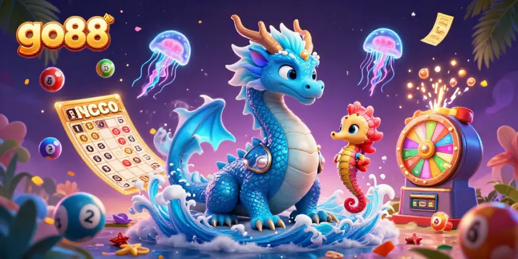Engage in thrilling games with the go88 dragon and seahorse, amidst vibrant casino elements and lottery excitement.