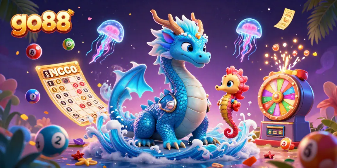 Engage in thrilling games with the go88 dragon and seahorse, amidst vibrant casino elements and lottery excitement.