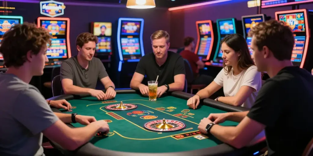 Players engaging at vibrant casino sites not on gamstop with neon lights and games.