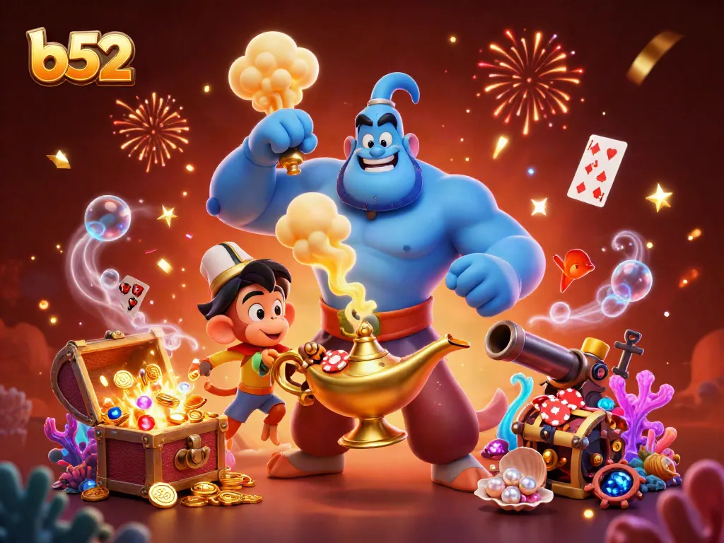 B52 casino illustration with a genie, monkey, and magic carpet surrounded by gold coins and poker chips.