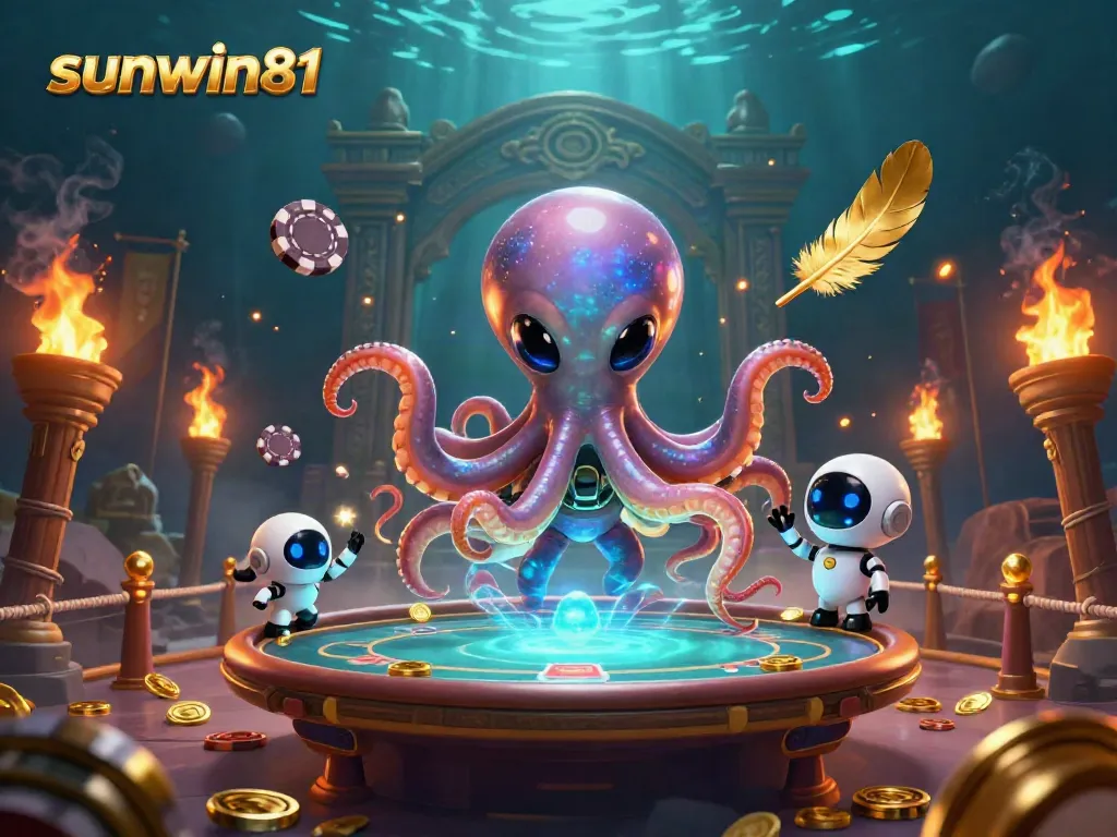 Engage with the unique alien poker scene of sunwin81 as a cartoon octopus spins ghostly chips.