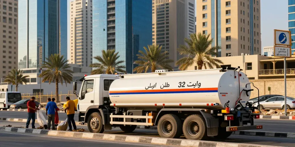 Large وايت ماء 32 طن الرياض water tanker providing essential water supply service in Riyadh.