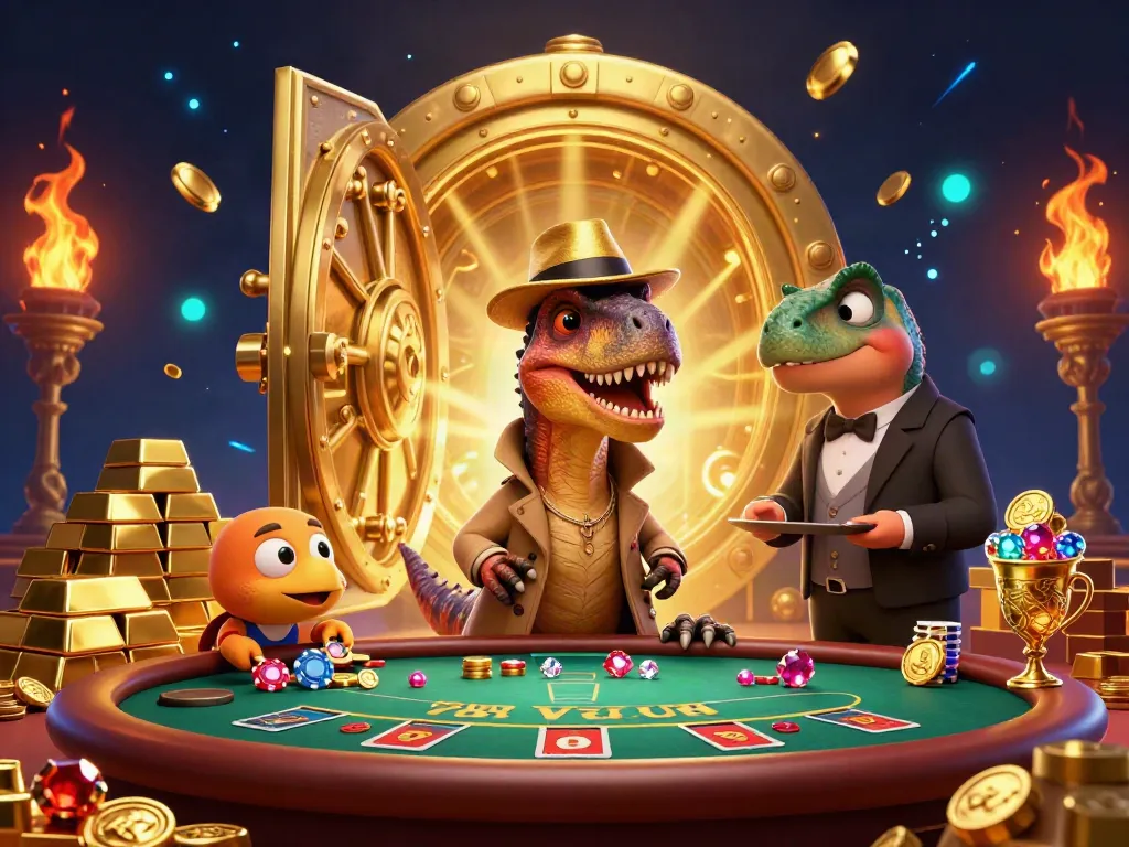 Experience the thrill of Casino 789CLUB with a velociraptor card counter amidst a vibrant casino scene.