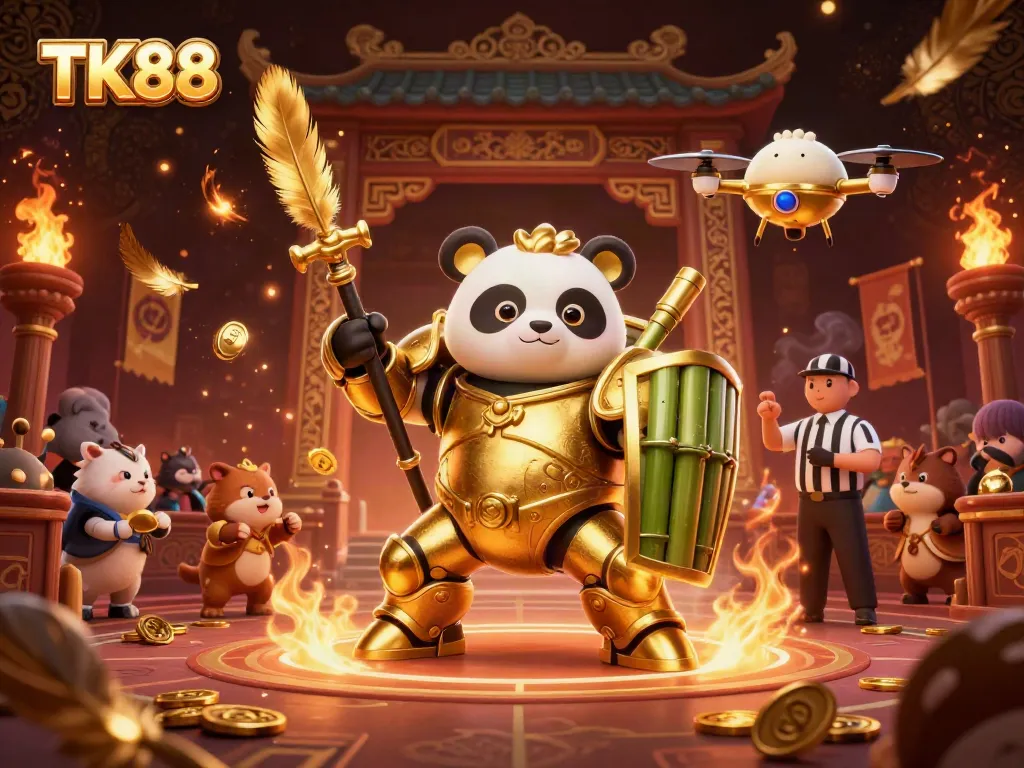 Experience thrilling gambling adventures at TK88 with a vibrant 3D illustration of a panda in a mech suit in an action-packed arena.