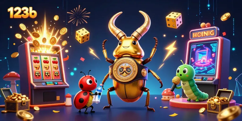 Join the excitement of 123b with vibrant characters and dynamic casino elements in this illustration.