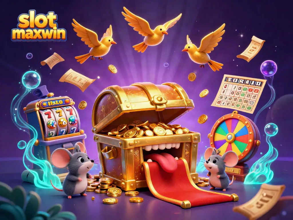 Engage in slot maxwin with vibrant slot reels and a treasure chest attracting adventure.