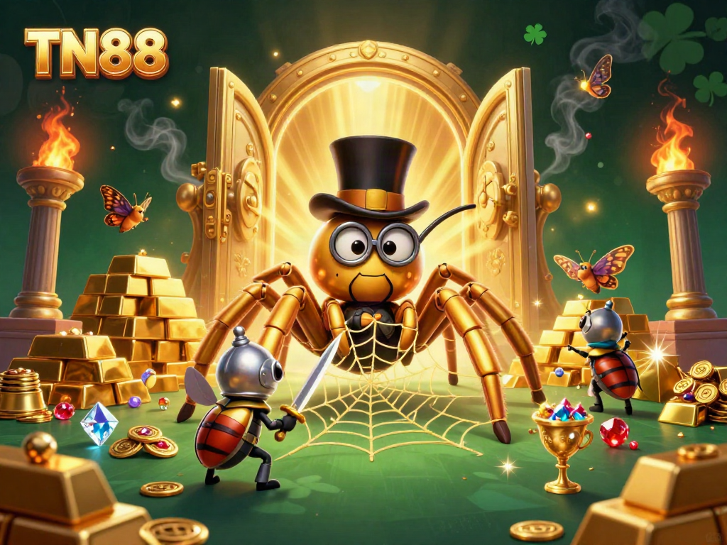 Engage in the TN88 casino excitement with a vibrant 3D illustration of whimsical characters and treasures.