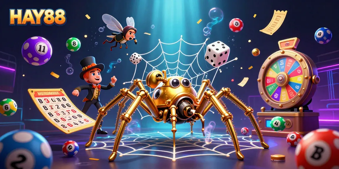 Engage with HAY88 where a steampunk spider intricately weaves a web of chance among vibrant casino elements.