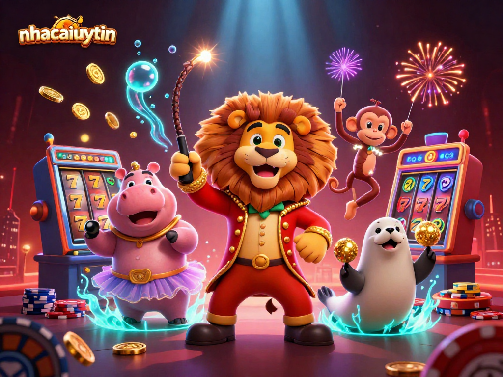 Spin and win with nhacaiuytin's vibrant casino scene featuring lively cartoon characters.